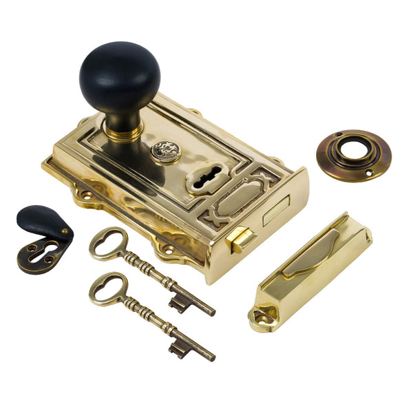  Image of Ornate Brass Rim Lock with Bun Door Knob Set - Ebonised