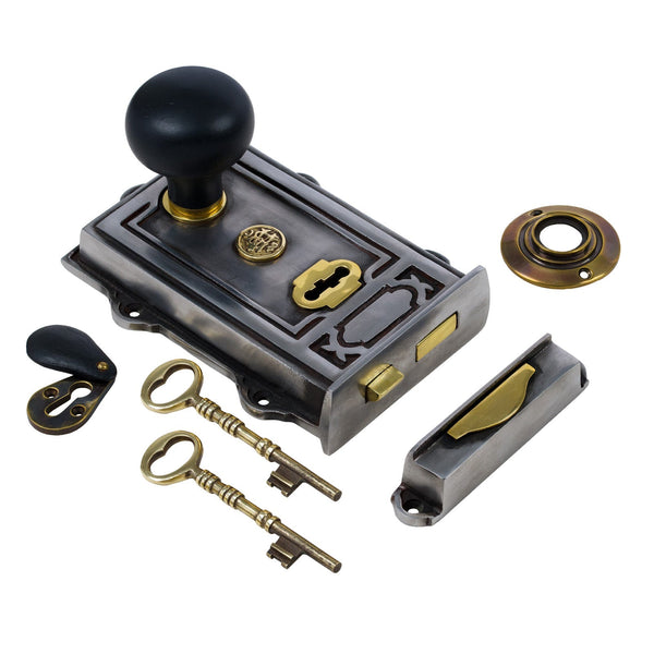  Image of Ornate Iron Rim Lock with Bun Door Knob Set - Ebonised
