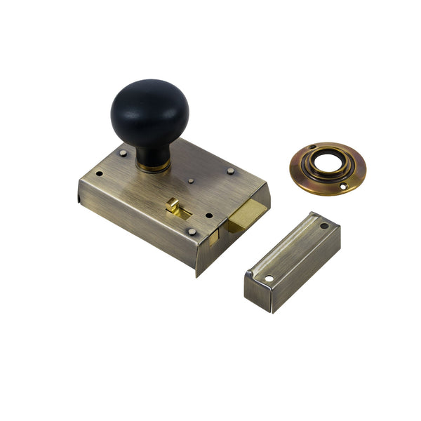  Bun Door Knob Set - Ebonised & Antique On Antique Brass Bathroom Rim Lock