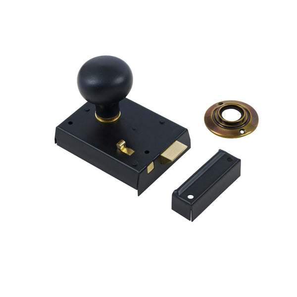  Bun Door Knob Set - Ebonised & Antique On Black Bathroom Rim Lock