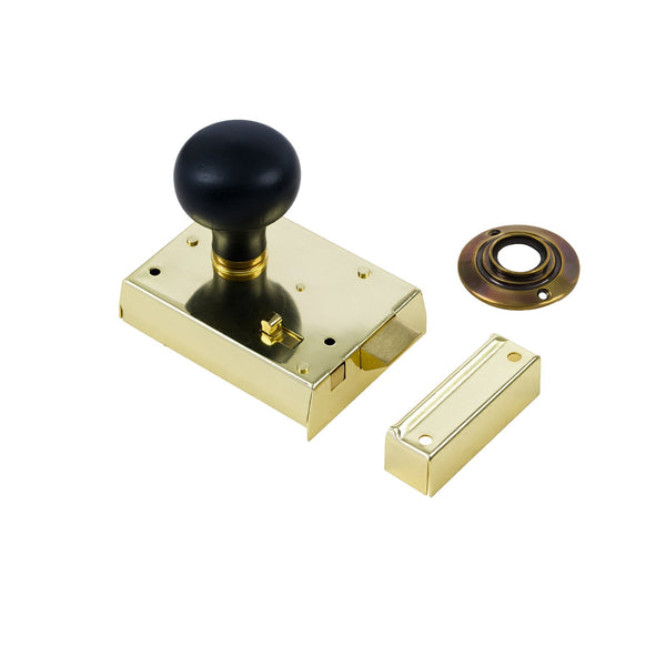  Bun Door Knob Set - Ebonised & Antique On Polished Brass Bathroom Rim Lock