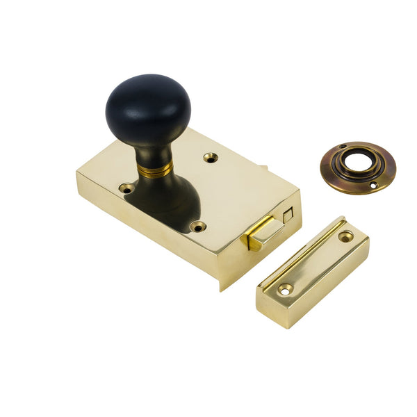  Left Handed Brass Bathroom Rim Lock with Bun Door Knob Set - Ebonised