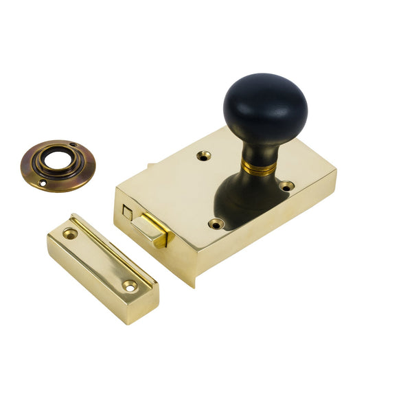  Right Handed Brass Bathroom Rim Lock with Bun Door Knob Set - Ebonised