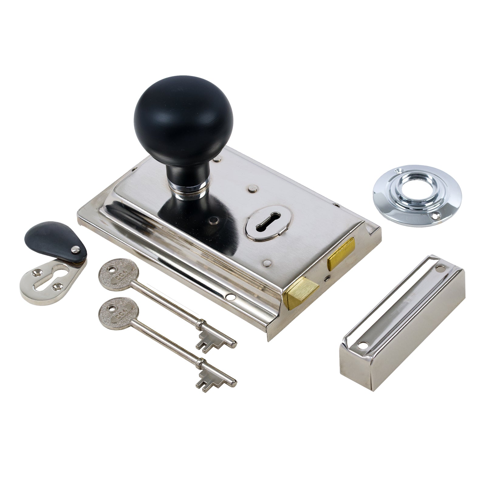 SHOW Bun Door Knob Set - Ebonised & Chrome On Polished Nickel Rim Lock
