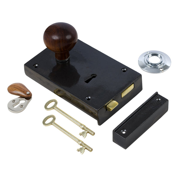  Left Handed Large Cast Iron Rim Lock With Bun Door Knob Set - Rosewood & Chrome