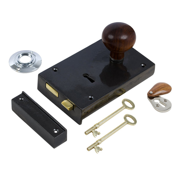  Right Handed Large Cast Iron Rim Lock With Bun Door Knob Set - Rosewood & Chrome