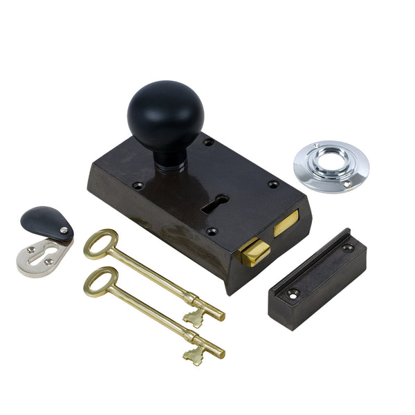  Left Handed Small Cast Iron Rim Lock With Bun Door Knob Set - Rosewood & Chrome