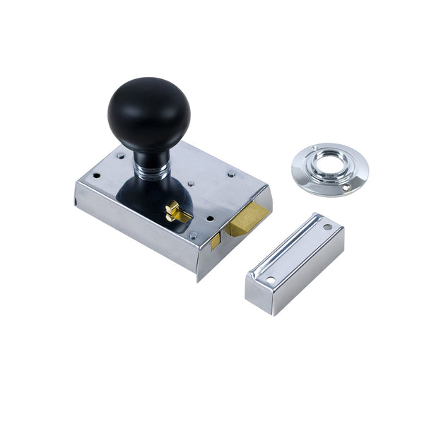  Bun Door Knob Set - Ebonised & Chrome On Polished Chrome Bathroom Rim Lock