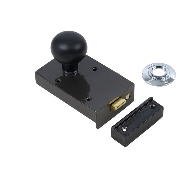  Left Handed Cast Iron Bathroom Rim Lock With Bun Door Knob Set - Ebonised