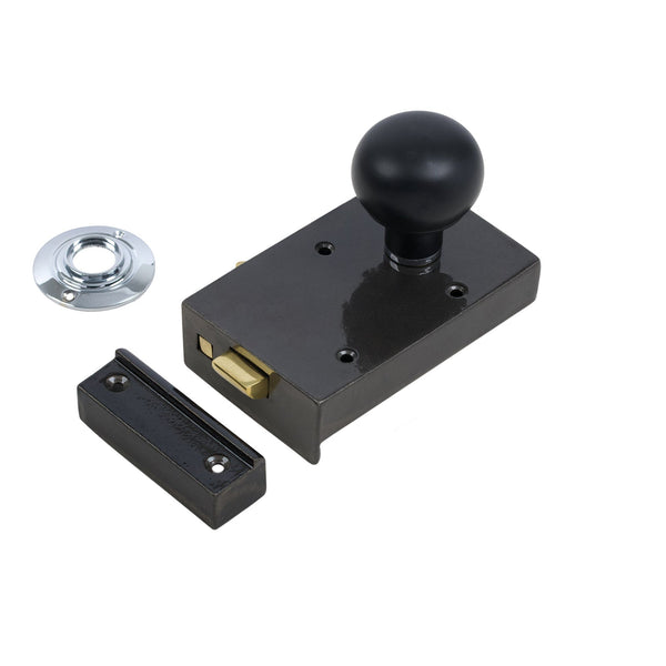  Right Handed Cast Iron Bathroom Rim Lock With Bun Door Knob Set - Ebonised