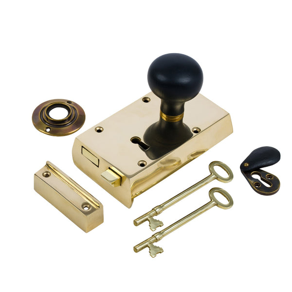 Right Handed Small Brass Rim Lock with Ebonised Bun Door Knob Set - Ebonised