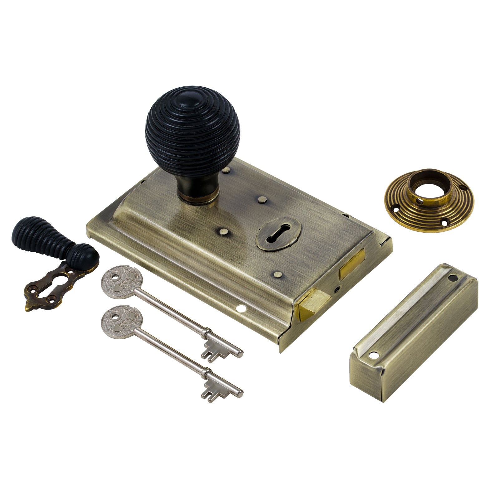 SHOW Beehive Door Knob Set - Ebonised & Antique On Antique Brass Rim Lock