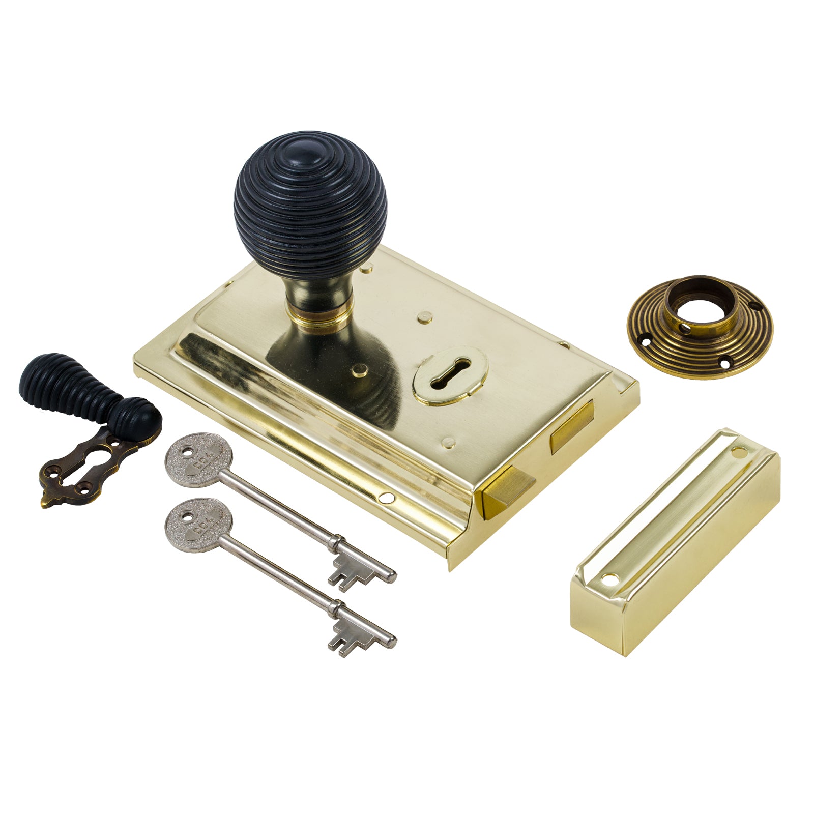 SHOW Beehive Door Knob Set - Ebonised & Antique On Polished Brass Rim Lock
