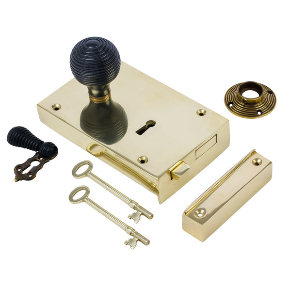  Left Handed Large Brass Rim Lock with Beehive Door Knob Set - Ebonised
