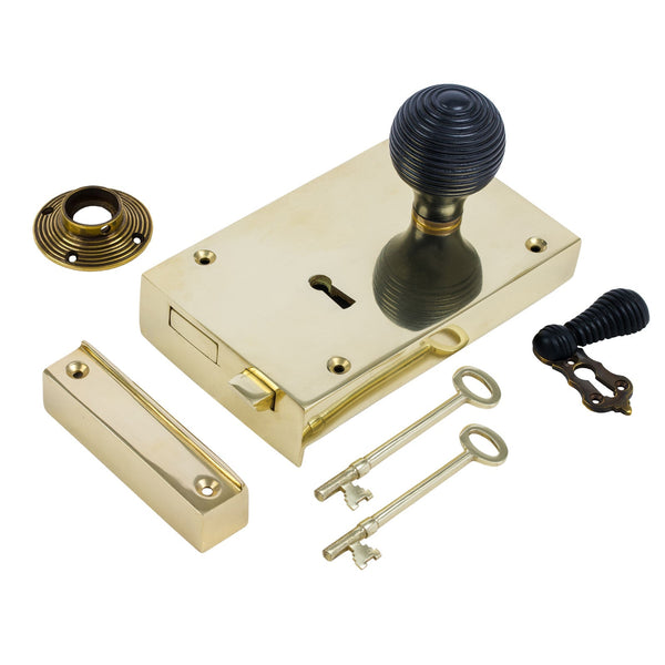  Right Handed Large Brass Rim Lock with Beehive Door Knob Set - Ebonised