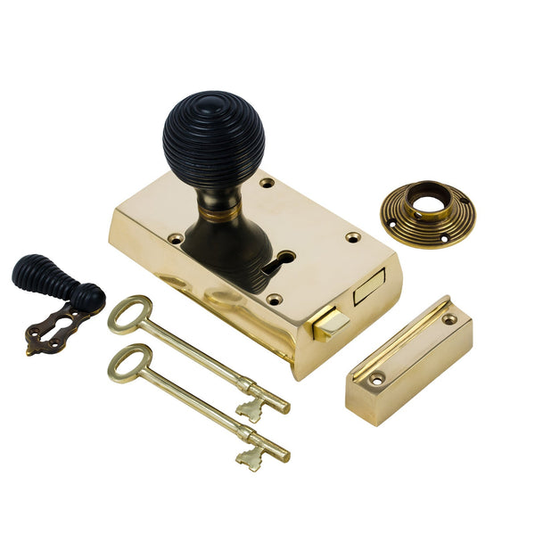  Left Handed Small Brass Rim Lock with Ebonised Beehive Door Knob Set - Ebonised
