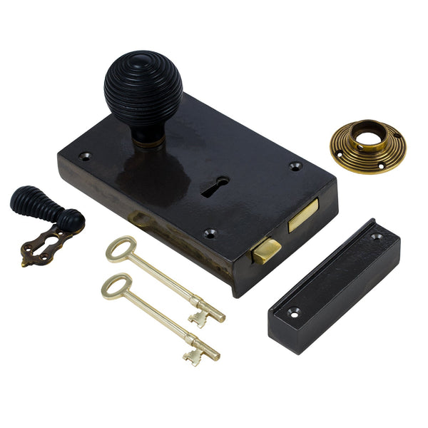  Left Handed Large Cast Iron Rim Lock With Beehive Door Knob Set - Ebonised