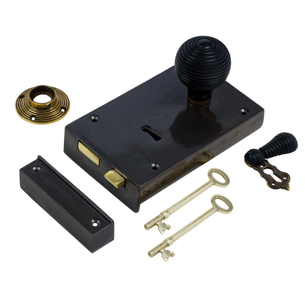  Right Handed Large Cast Iron Rim Lock With Beehive Door Knob Set - Ebonised