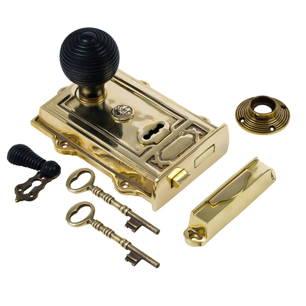  Image of Ornate Brass Rim Lock with Beehive Door Knob Set - Ebonised