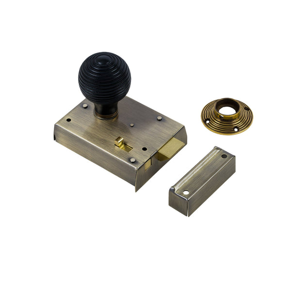  Beehive Door Knob Set - Ebonised & Antique On Antique Brass Bathroom Rim Lock