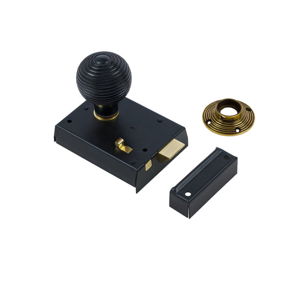  Beehive Door Knob Set - Ebonised & Antique On Black Bathroom Rim Lock
