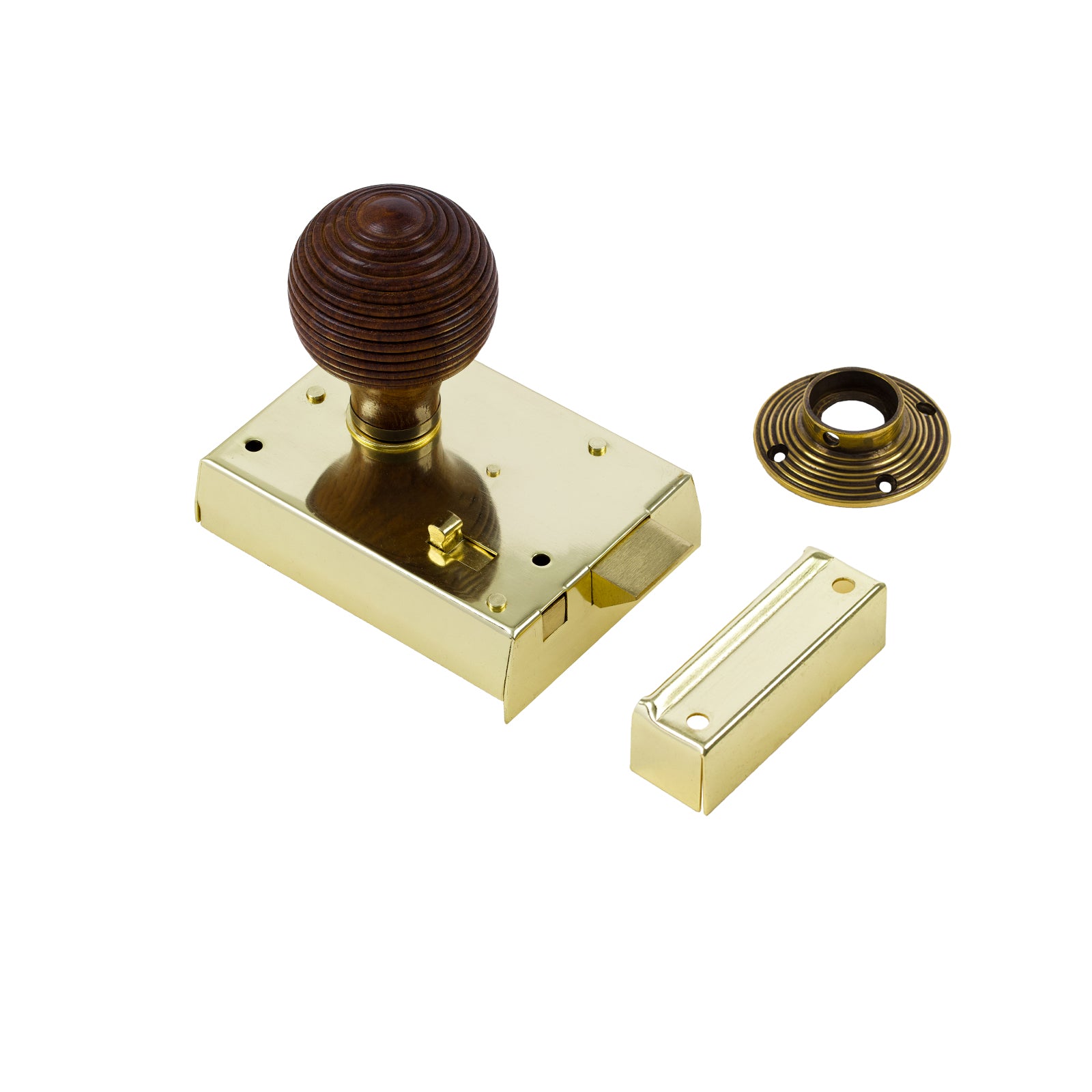 SHOW Beehive Door Knob Set - Ebonised & Antique On Polished Brass Bathroom Rim Lock