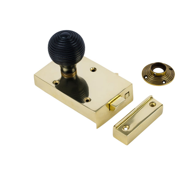  Left Handed Brass Bathroom Rim Lock with Beehive Door Knob Set - Ebonised