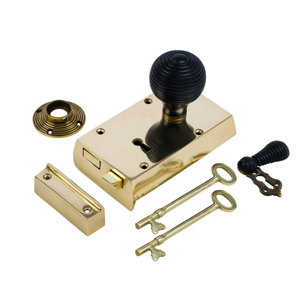  Right Handed Small Brass Rim Lock with Ebonised Beehive Door Knob Set - Ebonised