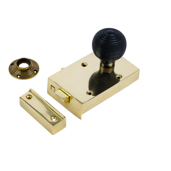  Right Handed Brass Bathroom Rim Lock with Beehive Door Knob Set - Ebonised