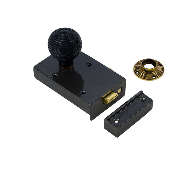 Left Handed Cast Iron Bathroom Rim Lock With Beehive Door Knob Set - Ebonised