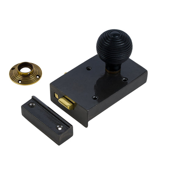  Right Handed Cast Iron Bathroom Rim Lock With Beehive Door Knob Set - Ebonised