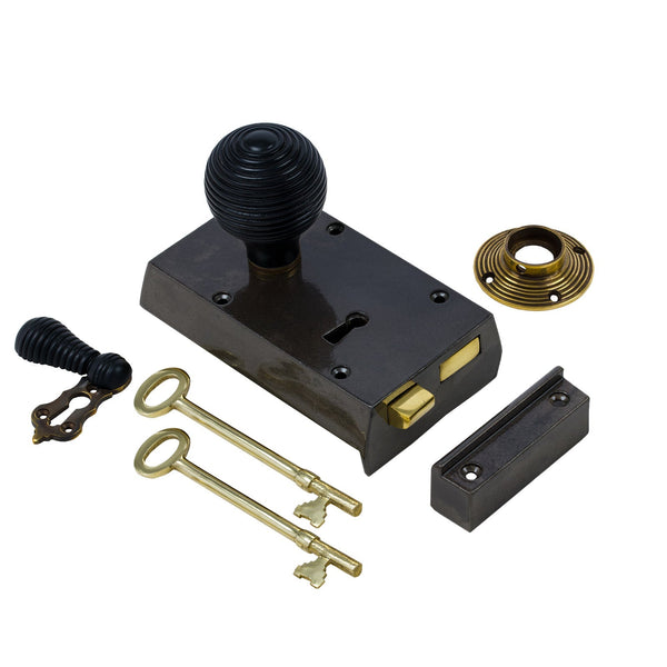  Left Handed Small Cast Iron Rim Lock With Beehive Door Knob Set - Ebonised