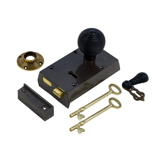  Right Handed Small Cast Iron Rim Lock With Beehive Door Knob Set - Ebonised