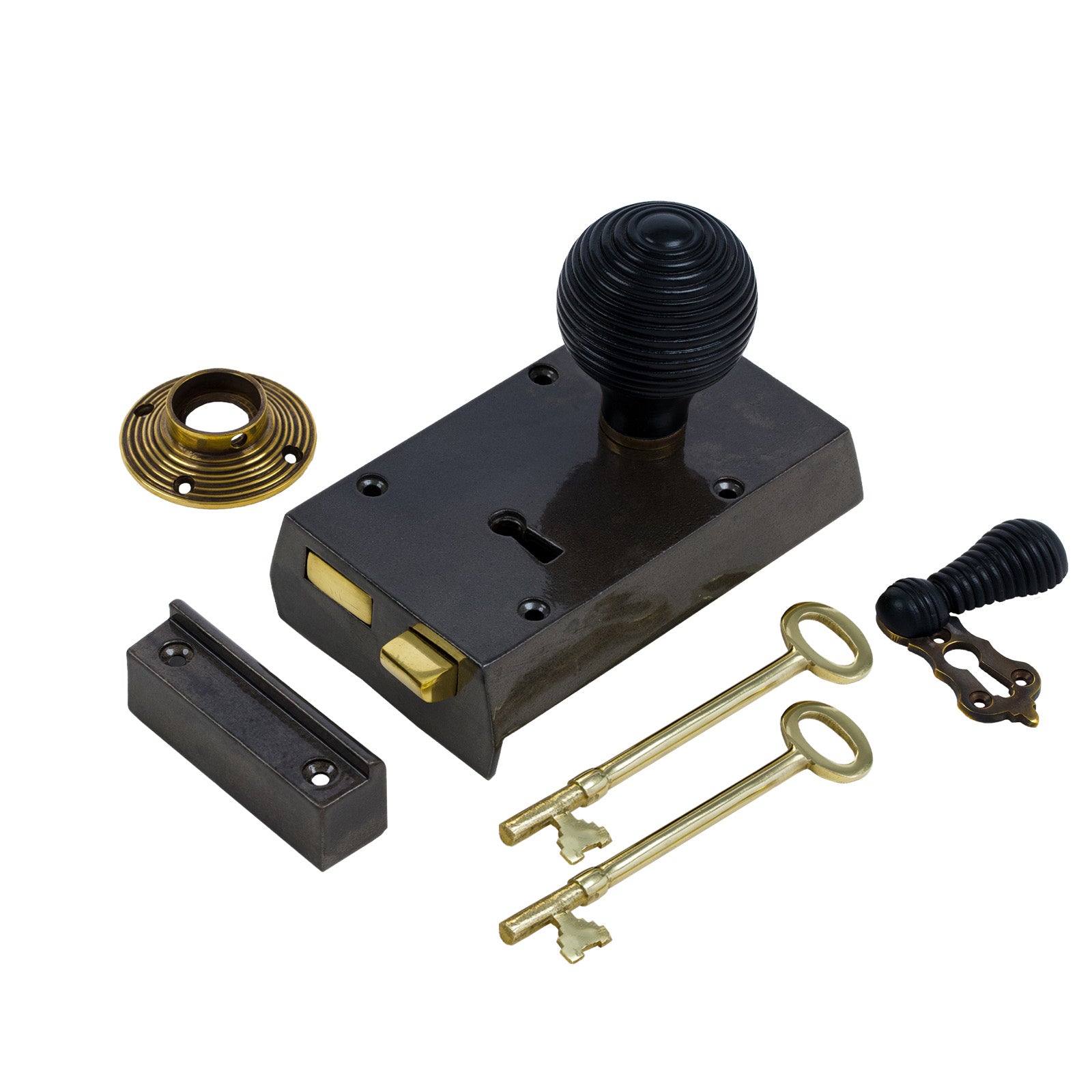SHOW Right Handed Small Cast Iron Rim Lock With Beehive Door Knob Set - Ebonised