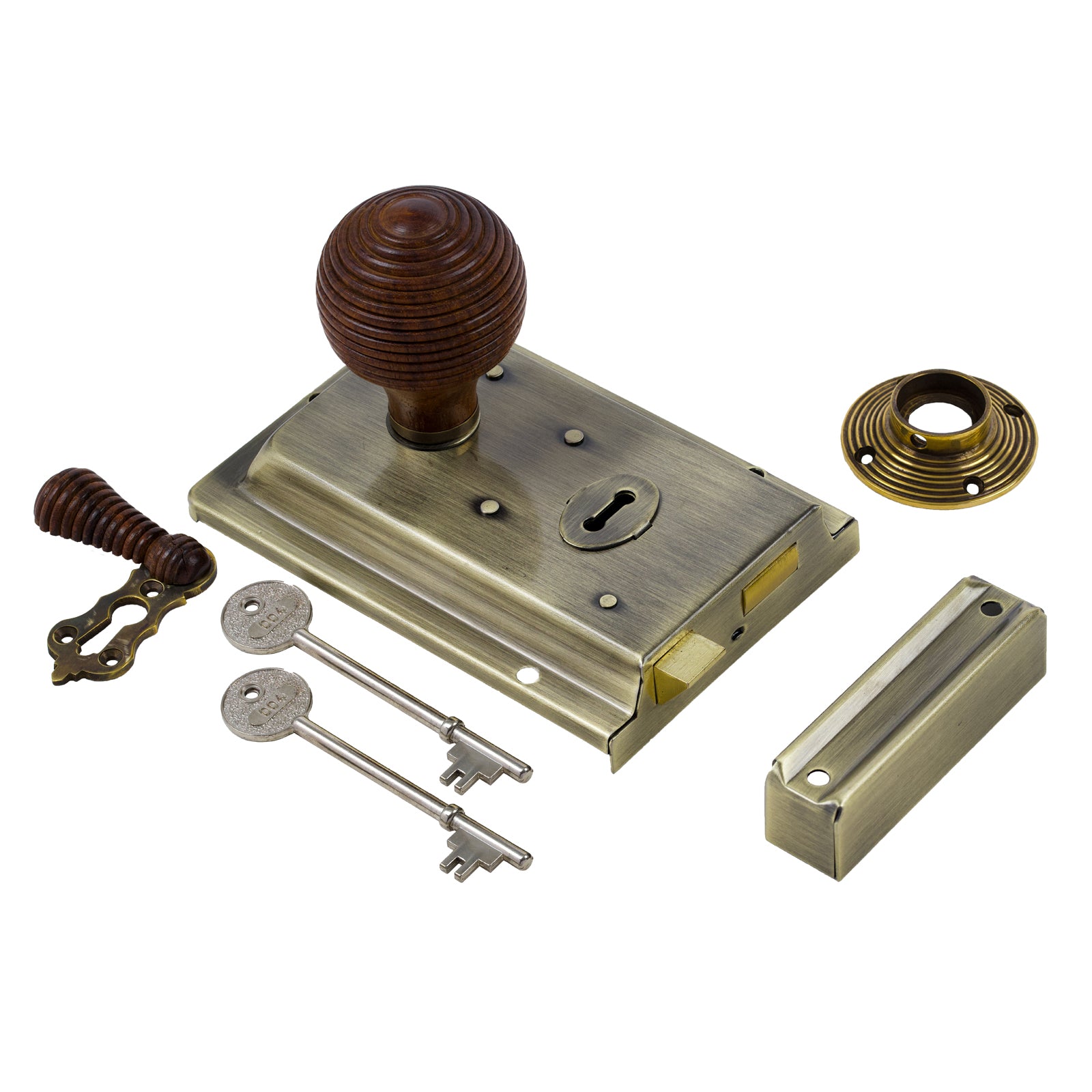 SHOW Beehive Door Knob Set - Rosewood & Antique On Antique Brass Rim Lock