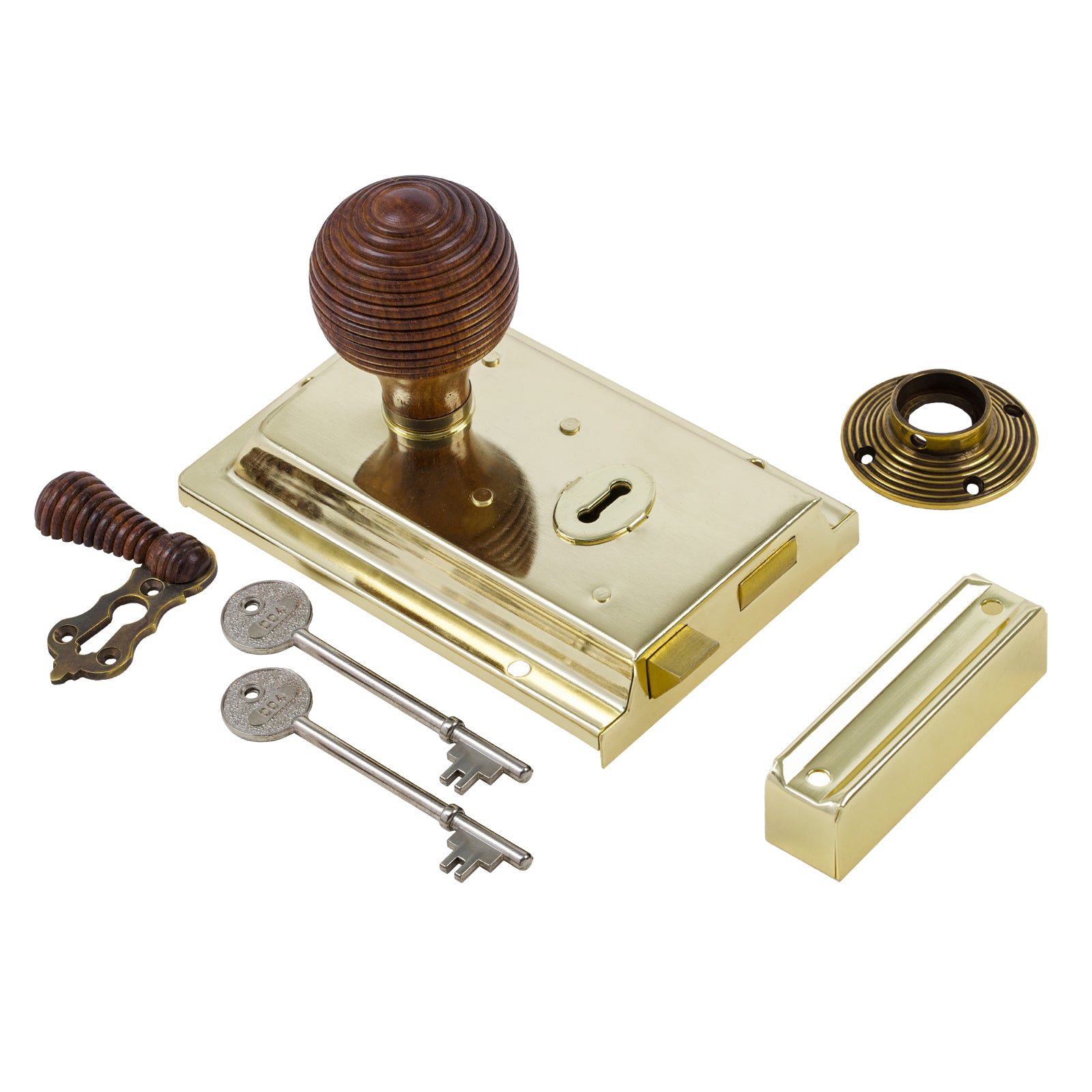 SHOW Beehive Door Knob Set - Rosewood & Antique On Polished Brass Rim Lock