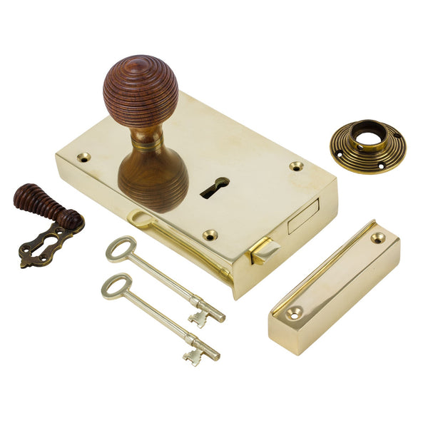  Left Handed Large Brass Rim Lock with Beehive Door Knob Set - Rosewood