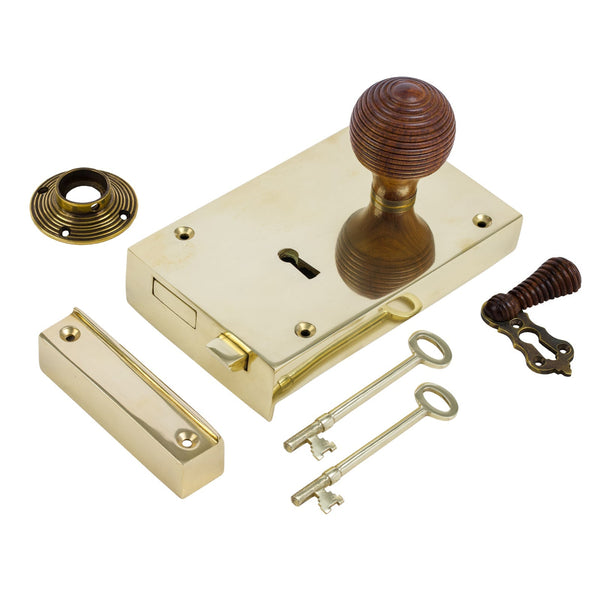  Right Handed Large Brass Rim Lock with Beehive Door Knob Set - Rosewood