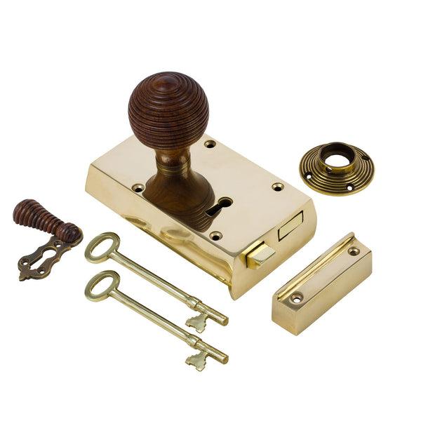  Left Handed Small Brass Rim Lock with Rosewood Beehive Door Knob Set - Rosewood
