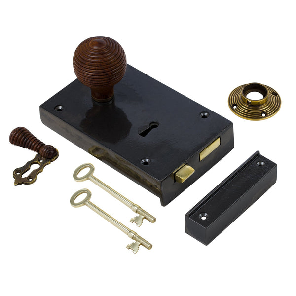  Left Handed Large Cast Iron Rim Lock With Beehive Door Knob Set - Rosewood