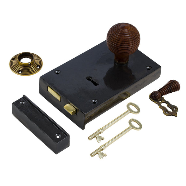  Right Handed Large Cast Iron Rim Lock With Beehive Door Knob Set - Rosewood