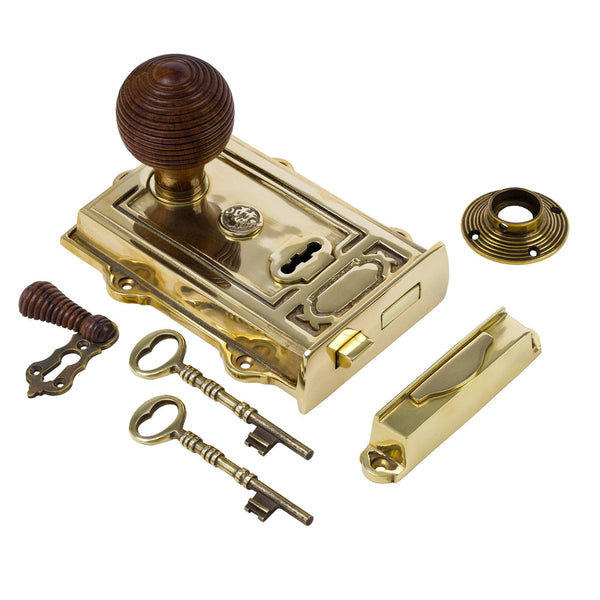  Image of Ornate Brass Rim Lock with Beehive Door Knob Set - Rosewood
