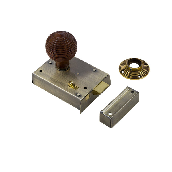  Beehive Door Knob Set - Rosewood & Antique On Antique Brass Bathroom Rim Lock
