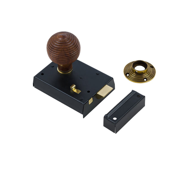  Beehive Door Knob Set - Rosewood & Antique On Black Bathroom Rim Lock