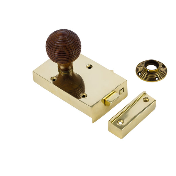  Left Handed Brass Bathroom Rim Lock with Beehive Door Knob Set - Rosewood