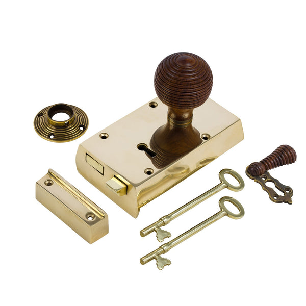  Right Handed Small Brass Rim Lock with Rosewood Beehive Door Knob Set - Rosewood