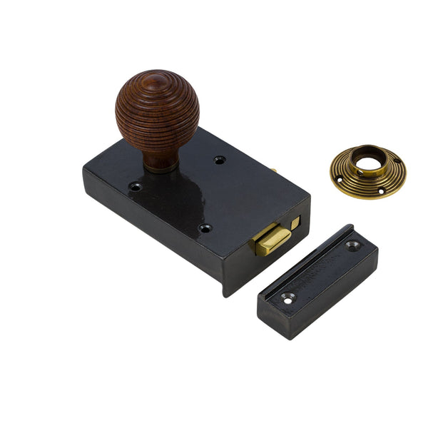  Left Handed Cast Iron Bathroom Rim Lock With Beehive Door Knob Set - Rosewood