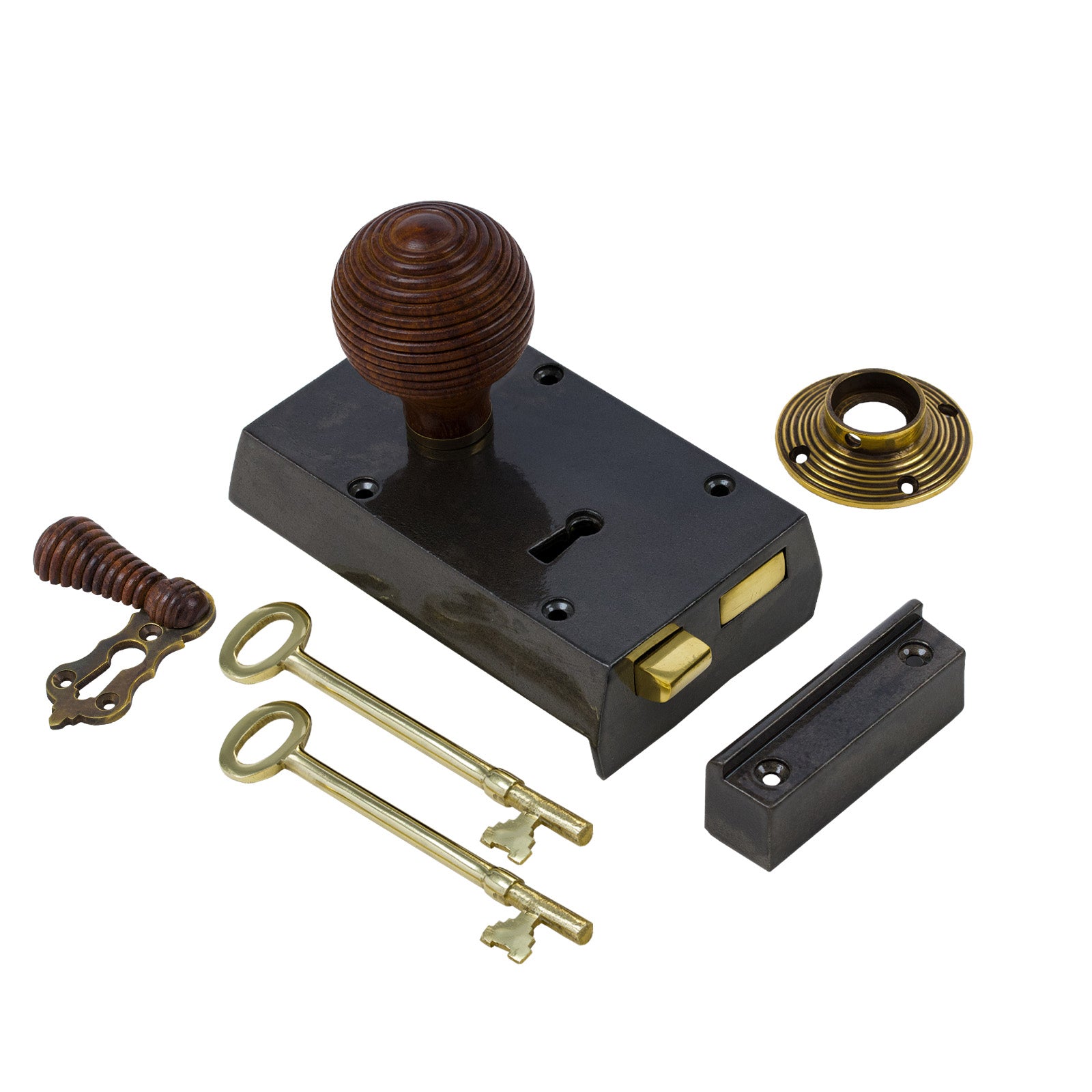 SHOW Left Handed Small Cast Iron Rim Lock With Beehive Door Knob Set - Rosewood
