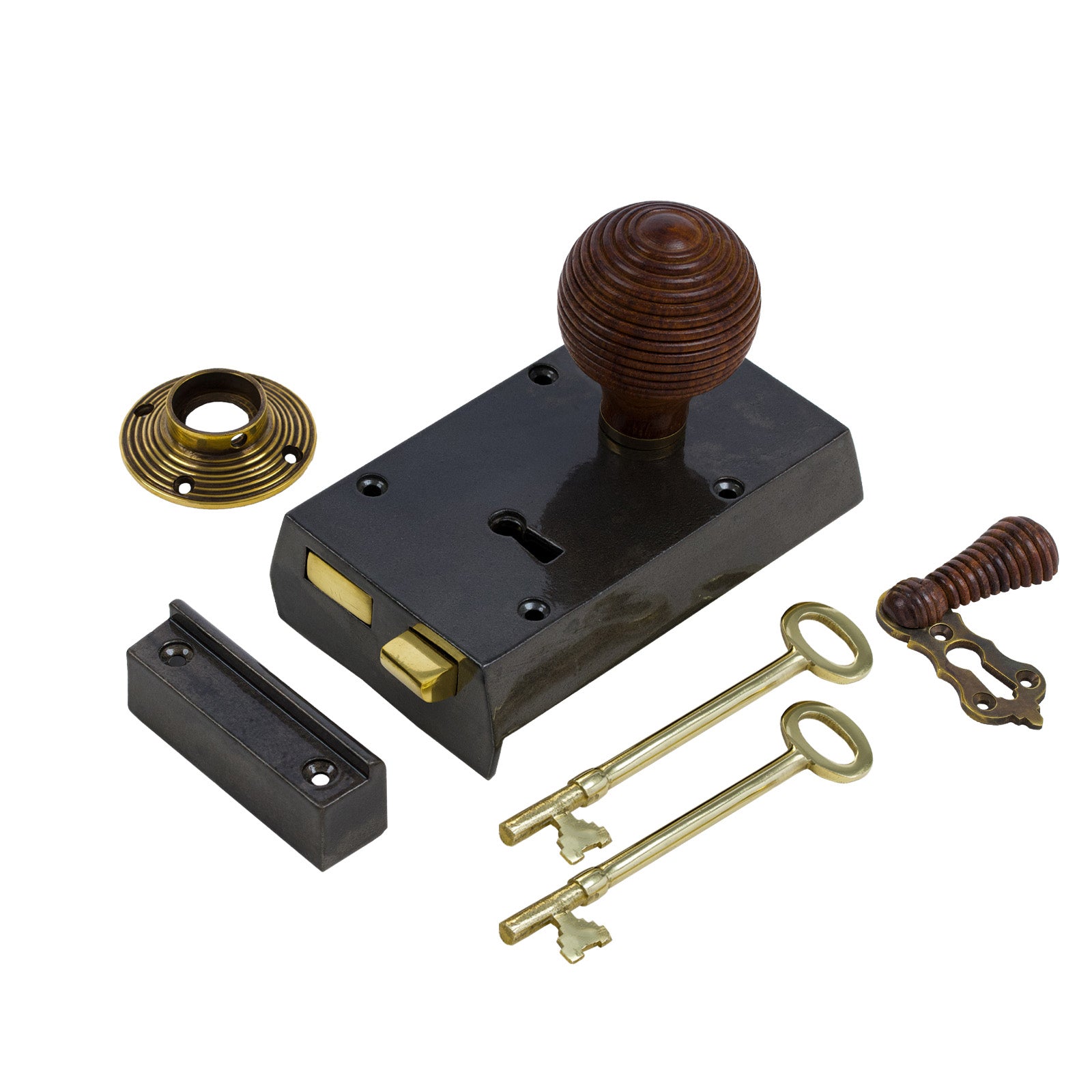 SHOW Right Handed Small Cast Iron Rim Lock With Beehive Door Knob Set - Rosewood