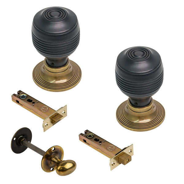  Ebonised & Antique Georgian Door Knobs 4 Inch Bathroom Set